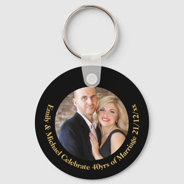 ANY Wedding Anniversary Black Gold Marble PHOTO Keychain (Front)