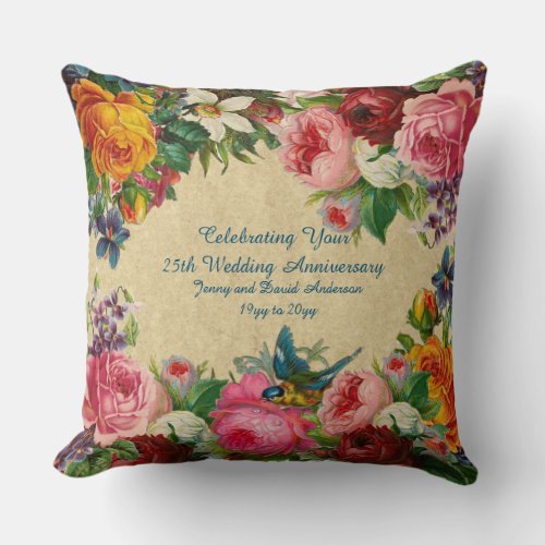 ANY Wedding Anniversary Vintage Floral ADD NAMES Throw Pillow