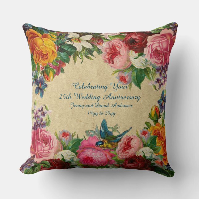 ANY Wedding Anniversary Vintage Floral ADD NAMES Throw Pillow (Front)