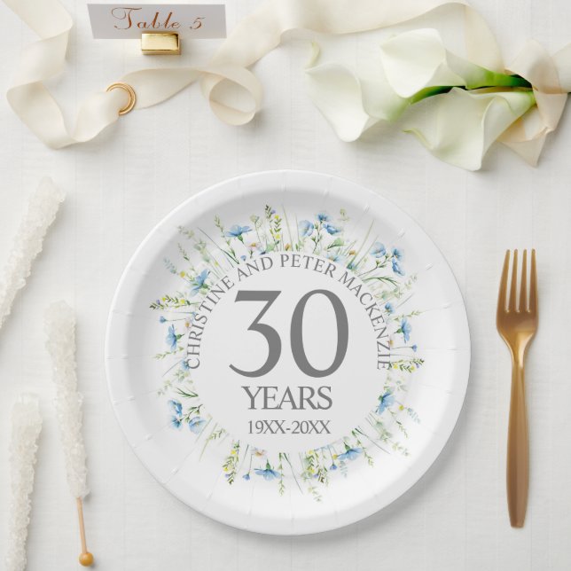 Any Wedding Blue Widlflowers Anniversary Paper Plates (Wedding)