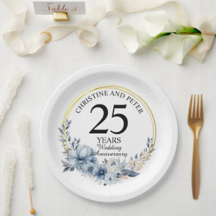 Any Wedding Elegant Blue Floral Anniversary Paper Plates