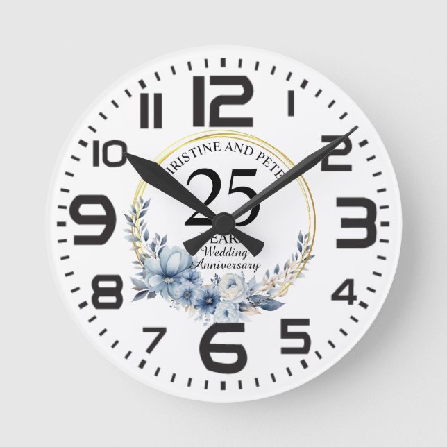 Any Wedding Elegant Blue Floral Anniversary Round Clock (Front)