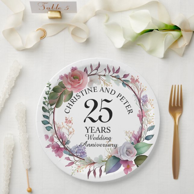 Any Wedding Elegant Floral Anniversary Paper Plates (Wedding)