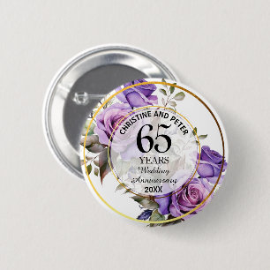 Any Wedding Gold Frame Purple Roses Anniversary  Button