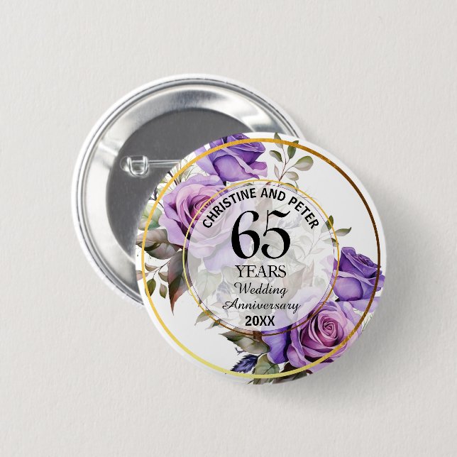 Any Wedding Gold Frame Purple Roses Anniversary  Button (Front & Back)