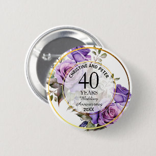 Any Wedding Gold Frame Purple Roses Anniversary Button
