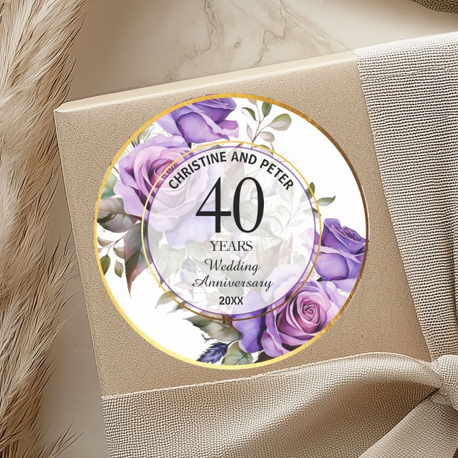 Any Wedding Gold Frame Purple Roses Anniversary Classic Round Sticker (Creator Uploaded)