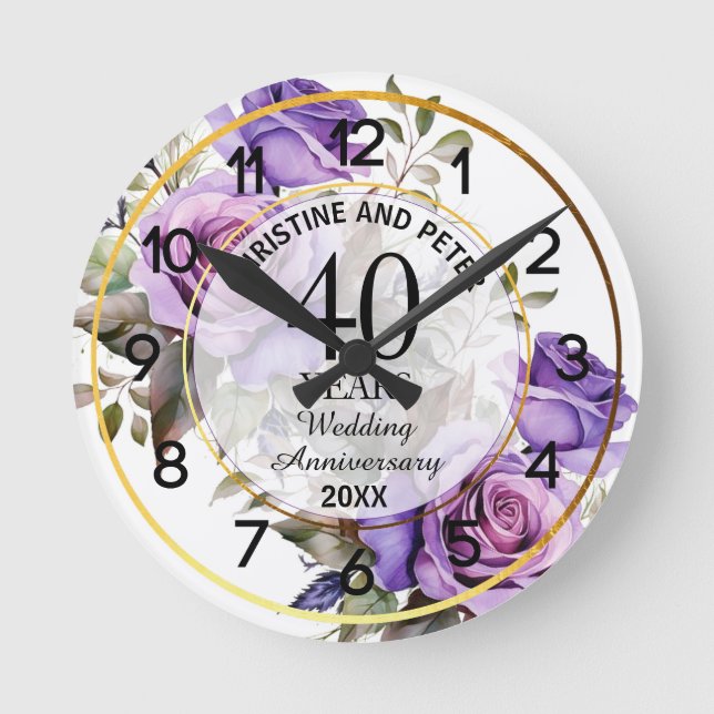 Any Wedding Gold Frame Purple Roses Anniversary  Round Clock (Front)