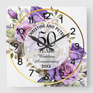 Any Wedding Gold Frame Purple Roses Anniversary Square Wall Clock