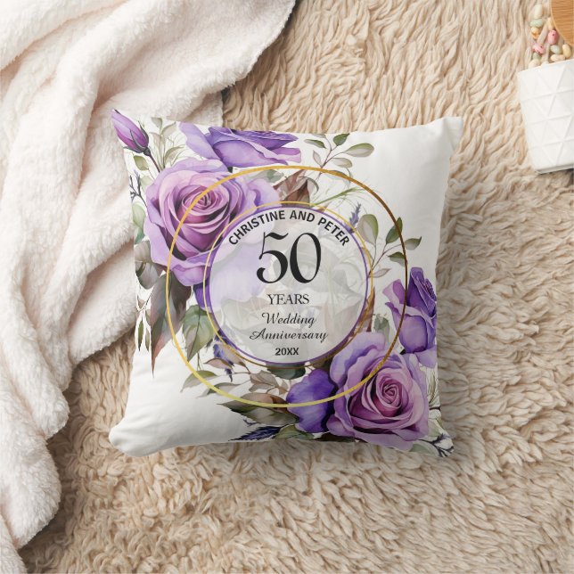 Any Wedding Gold Frame Purple Roses Anniversary Throw Pillow (Blanket)
