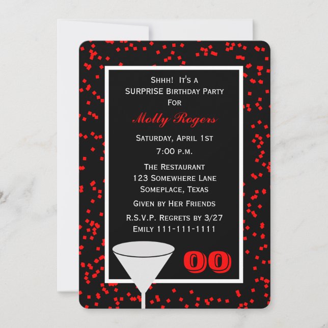 Any Year Adult Surprise Birthday in Red and Black Invitation (Front)
