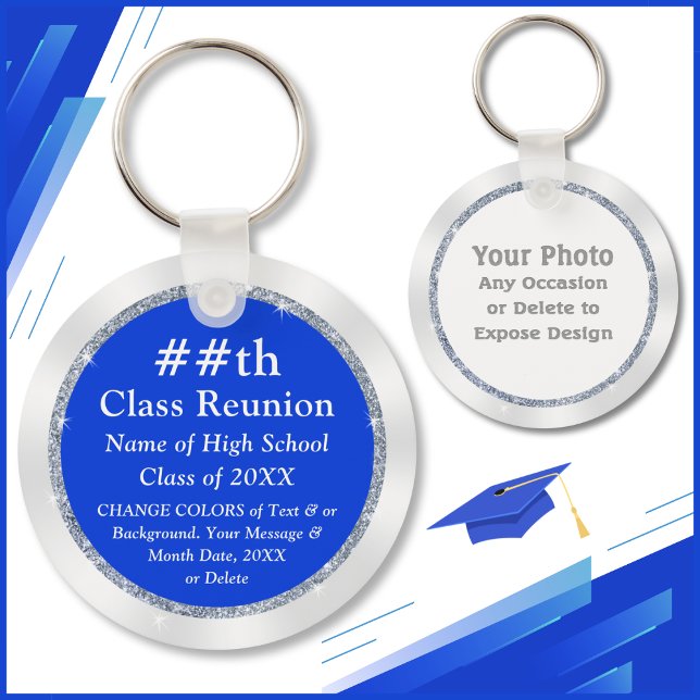 Any Year and Colors Cheap Class Reunion Gift Ideas Keychain (Photo and Personalized, Class Reunion Favors with Photo, Logo. Blue Silver, Class Reunion giveaways.)