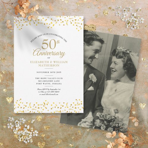 Any Year Anniversary Gold Love Hearts Photo Invitation