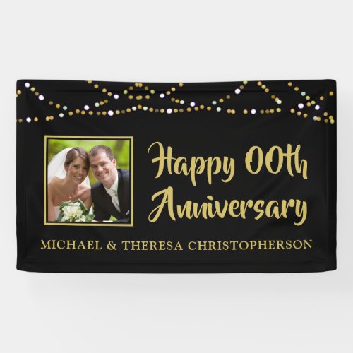 Any Year Anniversary Photo Black Gold String Light Banner