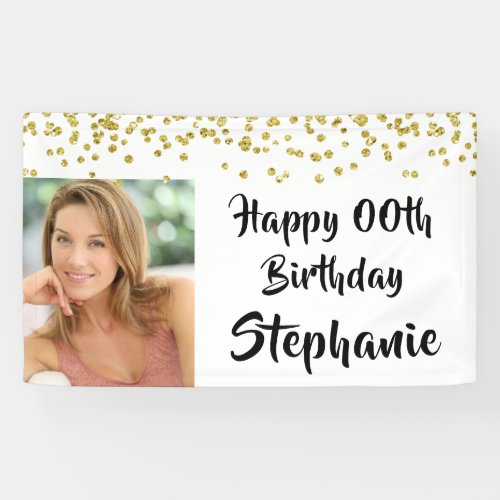 Any Year Birthday Confetti Brush Script Photo Banner - Celebrate any year birthday with this personalized photo banner with wishes for a HAPPY ##TH BIRTHDAY. Modern, chic design with a gold confetti border and black brush script font which can be changed to a different font style or color to coordinate with your party theme. PHOTO TIP:  For fastest/best results, choose a photo with the subject in the middle and/or pre-crop it to a similar shape as shown BEFORE uploading and it will fill in the photo space provided perfectly. Contact the designer if you’d like this design modified, on another product or would like coordinating items to complete your party ensemble.