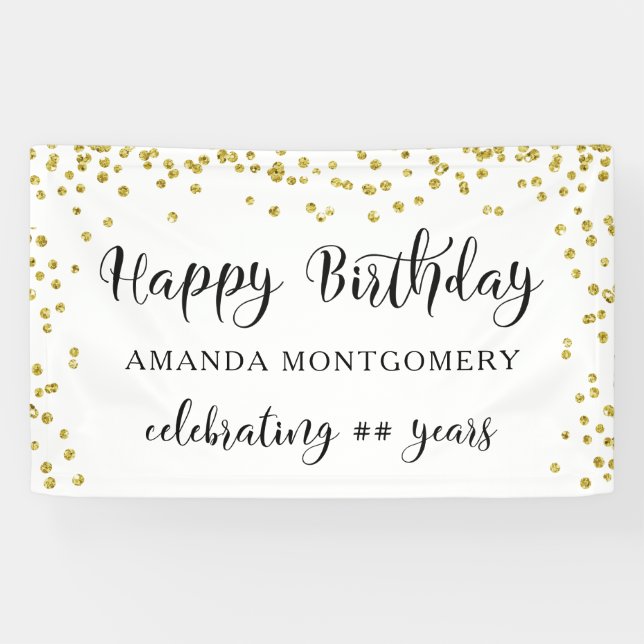 Any Year Birthday Confetti Script Black and Gold Banner (Horizontal)