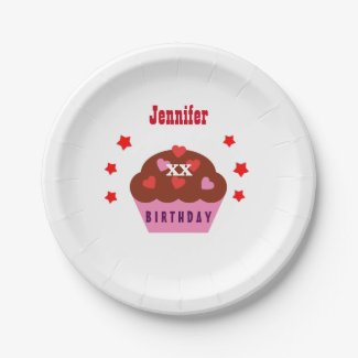 Any Year Birthday Festive Cupcake and Stars V30A 7 Inch Paper Plate