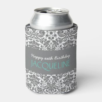 Any Year Birthday For Her Trendy Damask B01a Can Cooler by JaclinArt at Zazzle