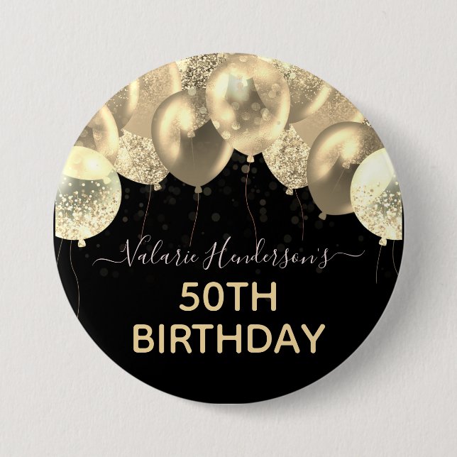Any Year Birthday Gold Balloons Button (Front)