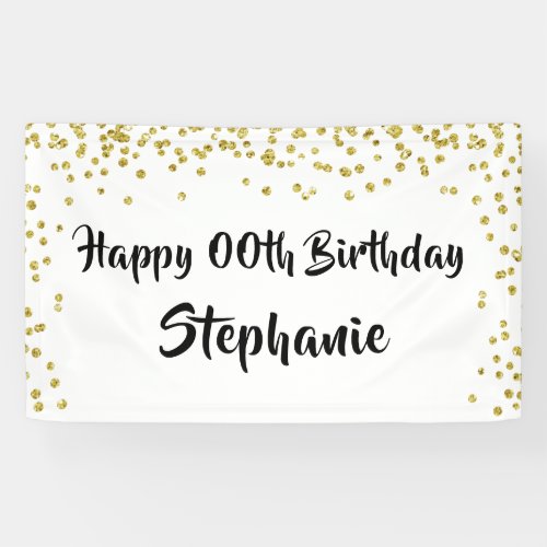 Any Year Birthday Gold Confetti Brush Script Banner - Celebrate any year birthday with this personalized banner with wishes for a HAPPY ##TH BIRTHDAY. Modern, chic design with a gold confetti border and black brush script font which can be changed to a different font style or color to coordinate with your party theme. Contact the designer if you’d like this design modified, on another product or would like coordinating items to complete your party ensemble.