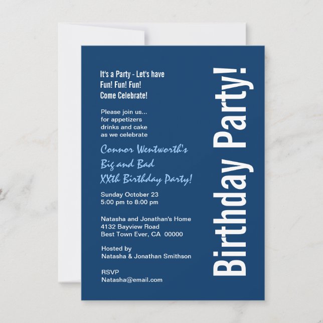 Any Year Birthday Modern Navy Blue White V101A Invitation (Front)