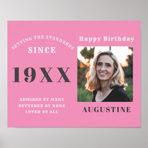 Any Year Birthday Photo Template Name Pink Gray Poster