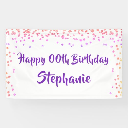 Any Year Birthday Pink Purple Confetti Script Banner - Celebrate any year birthday with this personalized banner with wishes for a HAPPY ##TH BIRTHDAY. Modern, chic design with a purple and pink confetti border and editable purple brush script font which can be changed to a different font style or color to coordinate with your party theme. Contact the designer if you’d like this design modified, on another product or would like coordinating items to complete your party ensemble.