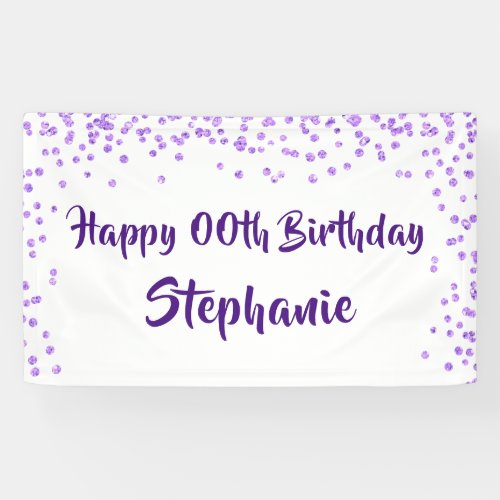 Any Year Birthday Purple Confetti Brush Script Banner - Celebrate any year birthday with this personalized banner with wishes for a HAPPY ##TH BIRTHDAY. Modern, chic design with a purple confetti border and brush script font which can be changed to a different font style or color to coordinate with your party theme. Contact the designer if you’d like this design modified, on another product or would like coordinating items to complete your party ensemble.