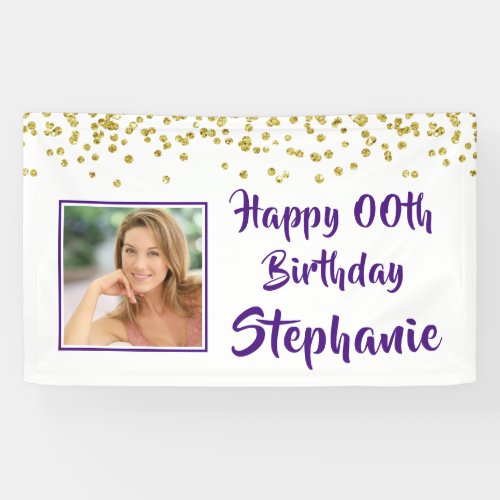 Any Year Birthday Purple Gold Confetti Photo Banner - Celebrate any year birthday with this personalized photo banner with wishes for a HAPPY ##TH BIRTHDAY. Modern, chic design with a gold confetti border and an editable purple brush script font which can be changed to a different font style or color to coordinate with your party theme. PHOTO TIP:  For fastest/best results, choose a photo with the subject in the middle and/or pre-crop it to a square shape BEFORE uploading and it will fill in the photo space provided perfectly. Contact the designer if you’d like this design modified, on another product or would like coordinating items to complete your party ensemble.