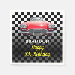 Any Year Birthday, Red Sport's Car, Name & Age B/W Napkins