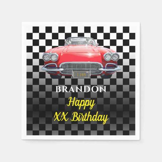 Any Year Birthday, Red Sport's Car, Name & Age B/W Napkins (Front)
