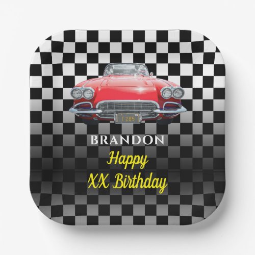 Any Year Birthday Red Sports Car Name  Age BW Paper Plates