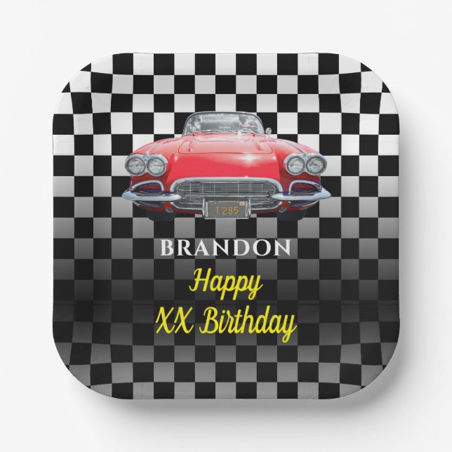 Any Year Birthday, Red Sport's Car, Name & Age B/W Paper Plates (Front)