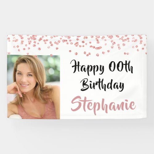 Any Year Birthday Rose Gold Confetti Script Photo Banner - Celebrate any year birthday with this personalized photo banner with wishes for a HAPPY ##TH BIRTHDAY. Modern, chic design with a rose gold confetti border and rose gold and black brush script font which can be changed to a different font style or color to coordinate with your party theme. PHOTO TIP:  For fastest/best results, choose a photo with the subject in the middle and/or pre-crop it to a similar shape as shown BEFORE uploading and it will fill in the photo space provided perfectly. Contact the designer if you’d like this design modified, on another product or would like coordinating items to complete your party ensemble.