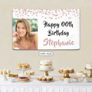 Any Year Birthday Rose Gold Confetti Script Photo Banner
