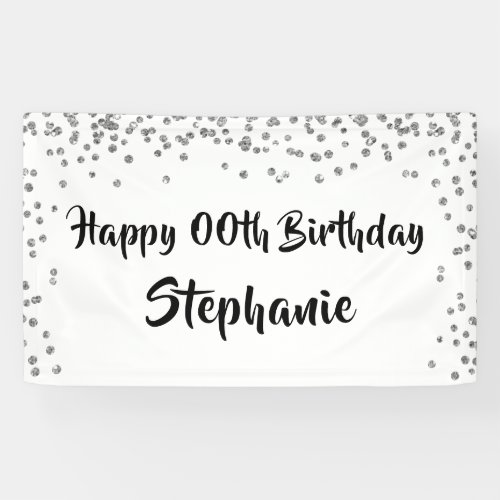 Any Year Birthday Silver Confetti Brush Script Banner - Celebrate any year birthday with this personalized banner with wishes for a HAPPY ##TH BIRTHDAY. Modern, chic design with a silver confetti border and black brush script font which can be changed to a different font style or color to coordinate with your party theme. Contact the designer if you’d like this design modified, on another product or would like coordinating items to complete your party ensemble.