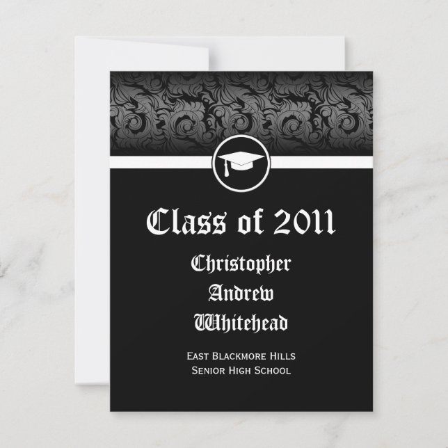 Any Year~ Black and White Damask Graduation Invitation (Front)
