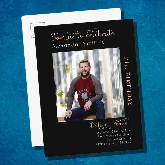 Any Year Black Gold Photo Birthday Invitation Postcard (Creator Uploaded)