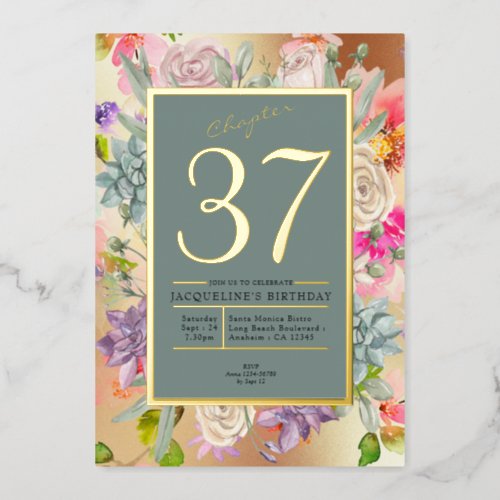 Any Year Blue Floral Birthday Foil Invitation