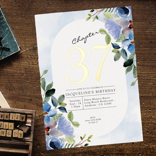 Any Year Blue Floral Birthday Gold Foil Invitation