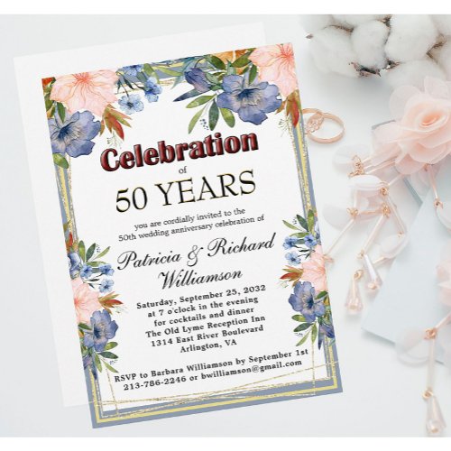 Any Year Chic Floral Custom Wedding Anniversary Invitation