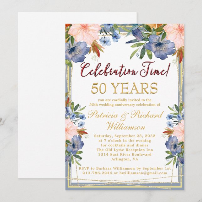 Any Year Chic Floral Gold Wedding Anniversary Invitation (Front/Back)