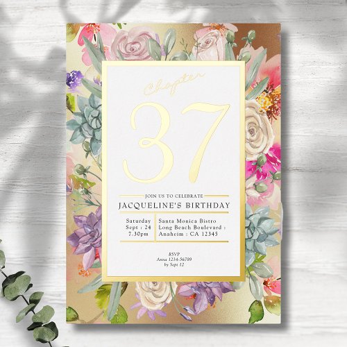 Any Year Floral Birthday Gold Foil Invitation