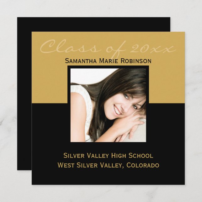 Any Year~ Gold/Black Modern Square Graduation Invitation (Front/Back)
