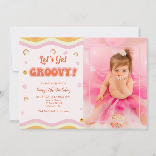 Any Year Groovy Hippie Retro Photo Birthday Invitation