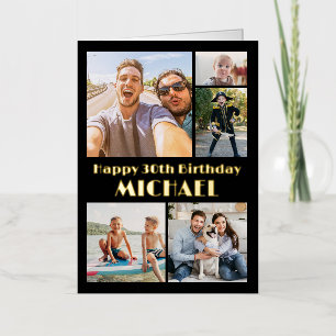 ANY Year Happy Birthday 5 Photo Collage Black Foil Greeting Card