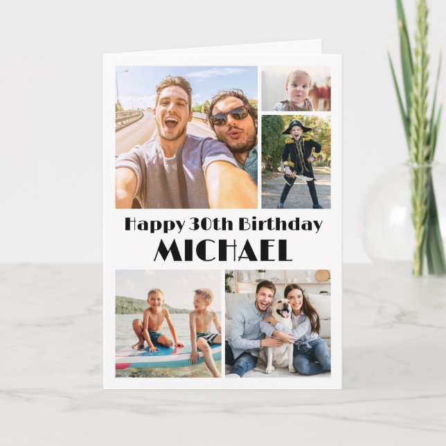 ANY Year Happy Birthday 5 Photo Collage Minimalist Card (Front)