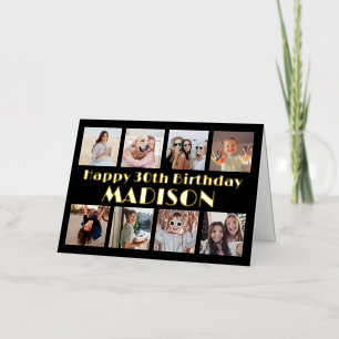 ANY Year Happy Birthday 8 Photo Collage Black Foil Greeting Card