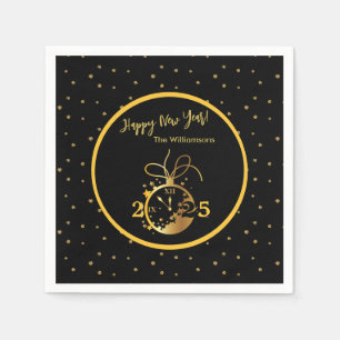 Any Year Happy New Year's Black Gold Clock  Napkins