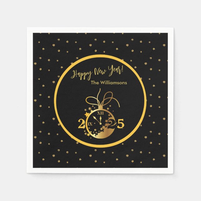 Any Year Happy New Year's Black Gold Clock  Napkins (Front)